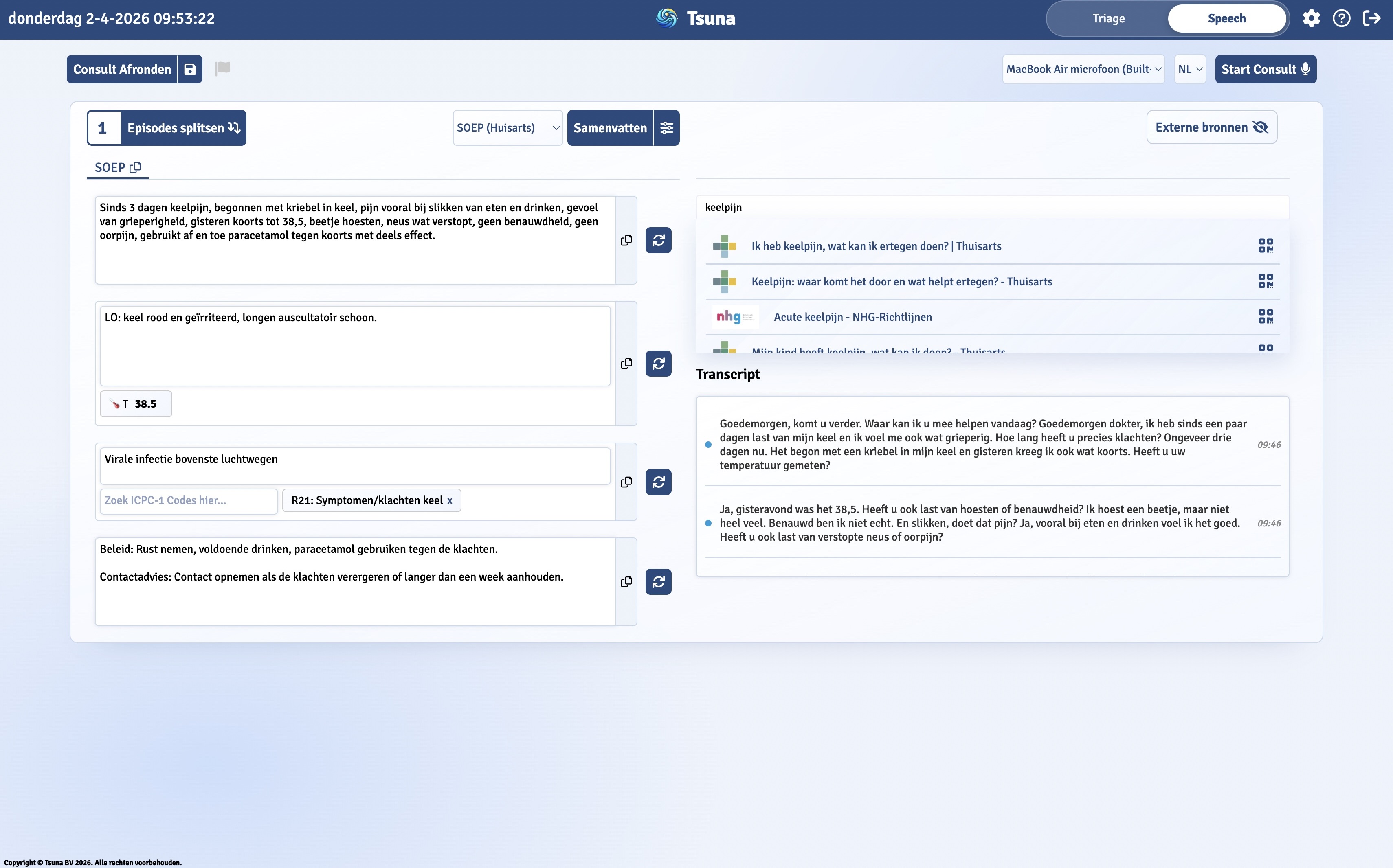 Tsuna Speech dashboard scherm